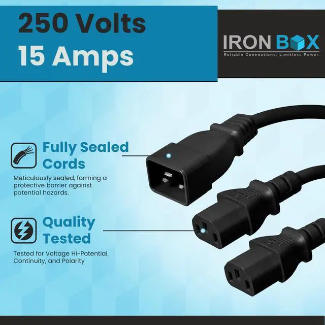 Alt view image 3 of 7 - IronBox Electric Black IEC C20 to 2X C13 Y Splitter Cord - 1ft (1foot leg) - 15A/250V - 14/3 AWG - UL Listed Power Outlet Splitter - Heavy Duty Power Extension Cable for Monitor, Computer & More (2ft)