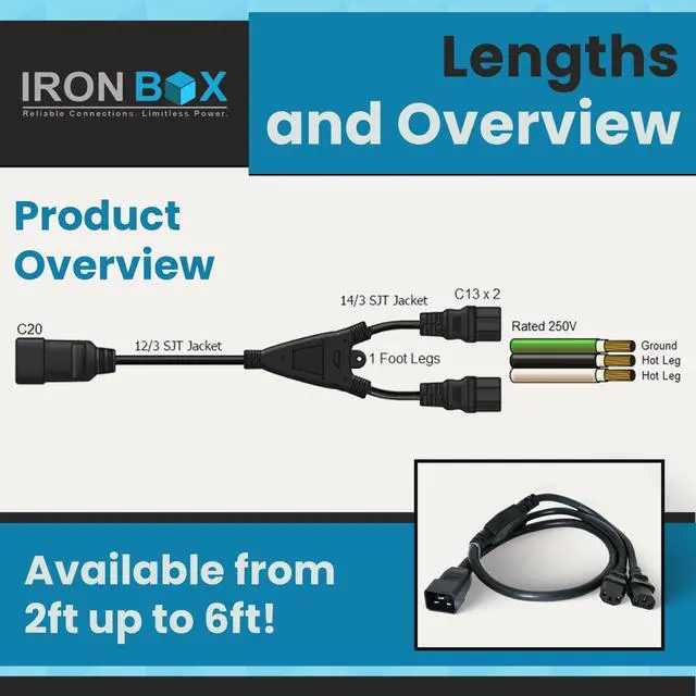 Alt view image 4 of 7 - IronBox Electric Black IEC C20 to 2X C13 Y Splitter Cord - 1ft (1foot leg) - 15A/250V - 14/3 AWG - UL Listed Power Outlet Splitter - Heavy Duty Power Extension Cable for Monitor, Computer & More (2ft)