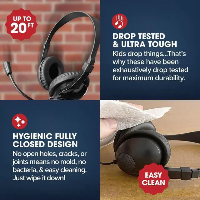Alt view image 2 of 4 - Bulk Rugged School Headphones, Durable for Kids, Students, Teachers, Classrooms, 3.5mm or USB-C Jack Options, Optional Boom Mic for Online Learning (8 Count - 3.5mm with Boom Mic, 8, Count)