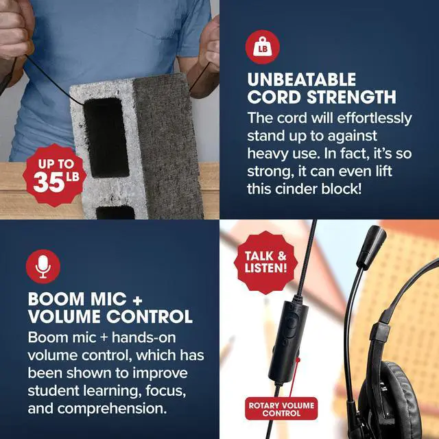 Alt view image 4 of 4 - Bulk Rugged School Headphones, Durable for Kids, Students, Teachers, Classrooms, 3.5mm or USB-C Jack Options, Optional Boom Mic for Online Learning (8 Count - 3.5mm with Boom Mic, 8, Count)