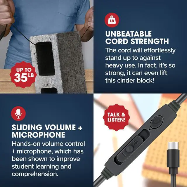 Alt view image 3 of 5 - Bulk Rugged School Headphones, Durable for Kids, Students, Teachers, Classrooms, 3.5mm or USB-C Jack Options, Optional Boom Mic for Online Learning (8 Count - USB C Inline Mic, 8, Count)