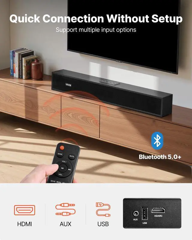 Alt view image 3 of 7 - Sound Bar for Smart TV, 2.0 Channel, 24-Inch Compact Soundbar TV Speakers for Projector, Bluetooth AUX Connection, Remote Control, Easy Setup, 80W Surround Sound System for PC Home Theater Audio