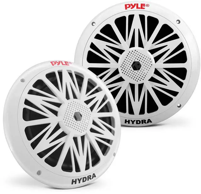 Main image of Marine Speakers, Waterproof, Weather Resistant, 8 Inch Dual, 10 Inch Outer Frame, 300 Watt Power, Poly Carbon Cone, Cloth Surround, Includes Mounting Hardware and Wires, White, PLMR82