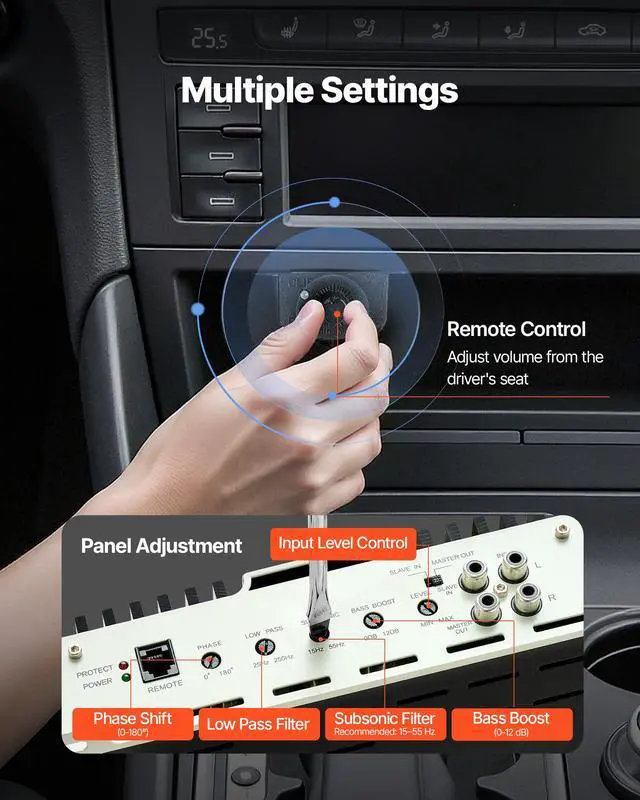Alt view image 4 of 7 - Monoblock Car Amplifier, 400W RMS MAX, 1/2/4 Ohm Stable, 1-Channel Class D Car Audio Amplifier with Remote Subwoofer Level Control, Low Pass Filter, Bass Boost & Phase Shift, Volume Controller