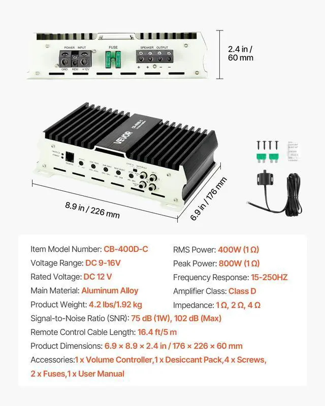 Alt view image 7 of 7 - Monoblock Car Amplifier, 400W RMS MAX, 1/2/4 Ohm Stable, 1-Channel Class D Car Audio Amplifier with Remote Subwoofer Level Control, Low Pass Filter, Bass Boost & Phase Shift, Volume Controller