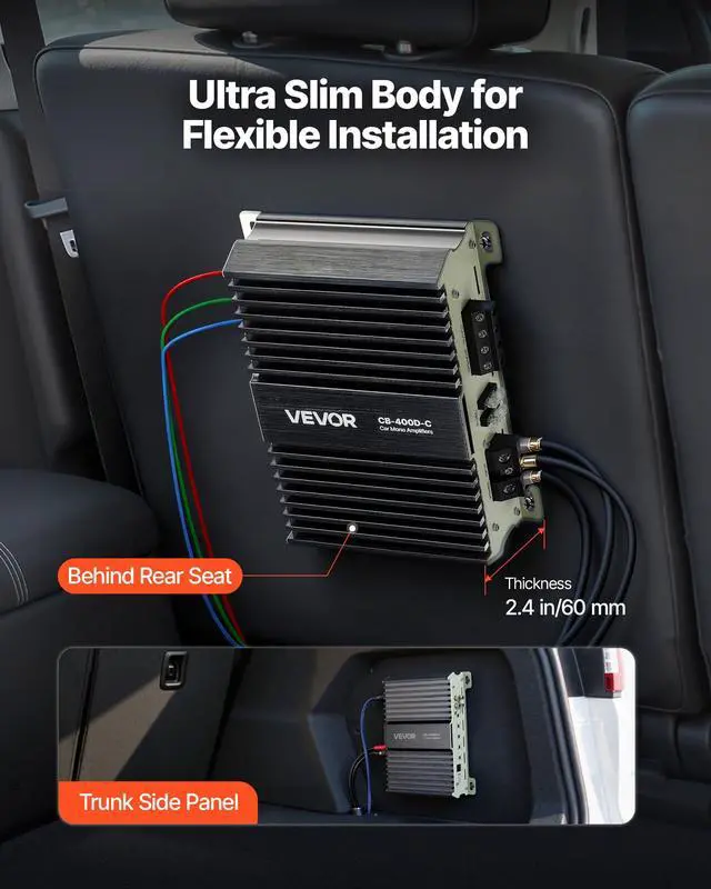 Alt view image 5 of 7 - Monoblock Car Amplifier, 400W RMS MAX, 1/2/4 Ohm Stable, 1-Channel Class D Car Audio Amplifier with Remote Subwoofer Level Control, Low Pass Filter, Bass Boost & Phase Shift, Volume Controller