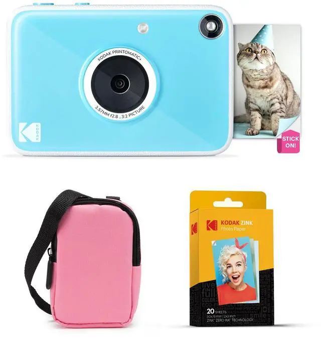 Main image of Printomatic+ Instant Print Digital Camera Starter Bundle + Carrying Case (Pink) + Zink 20pk Sticky-Back Photo Paper - 10MP, Full-Color Photos, GB LED Status Indicator - Blue