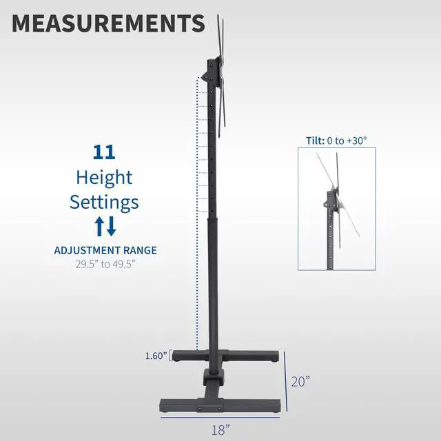 Alt view image 4 of 7 - Black TV Floor Stand for 13 to 65 inch Screens, STAND-TV08 | Adjustable TV Stand for LCD LED OLED 4K Smart Flat and Curved Monitor Panels, Max VESA 400x400, Holds 44 lbs