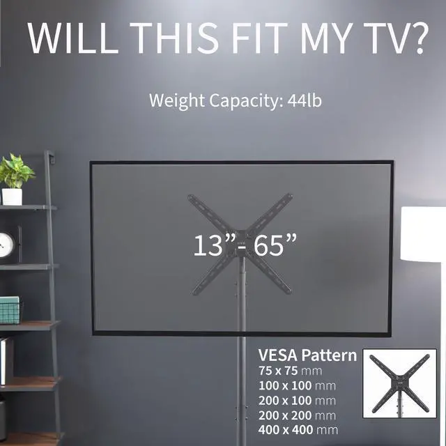Alt view image 6 of 7 - Black TV Floor Stand for 13 to 65 inch Screens, STAND-TV08 | Adjustable TV Stand for LCD LED OLED 4K Smart Flat and Curved Monitor Panels, Max VESA 400x400, Holds 44 lbs