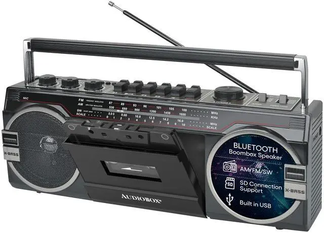 Main image of Retrobox Bluetooth Speaker with AM/FM/SW Radio, Black | MP3 Playback, USB & SD Card Support, 3.5mm Jack, Built-In Boombox Speaker, Cassette Player, Stereo Sound, Portable Design
