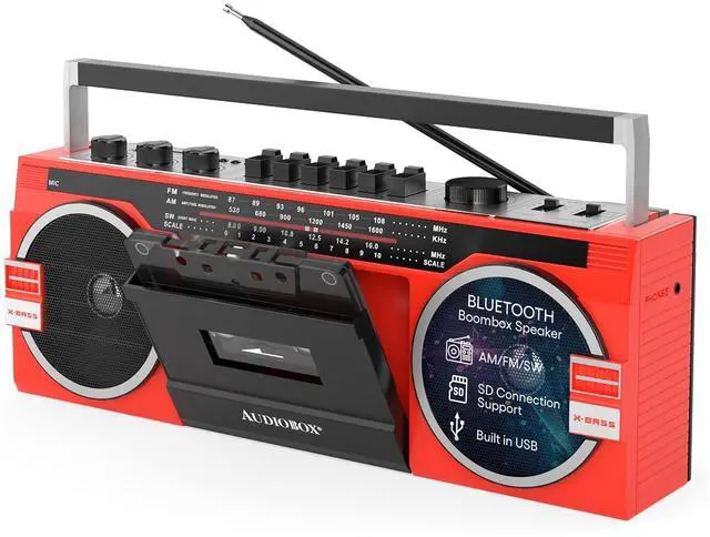 Main image of Retrobox Bluetooth Speaker with AM/FM/SW Radio, Red | MP3 Playback, USB & SD Card Support, 3.5mm Jack, Built-In Boombox Speaker, Cassette Player, Stereo Sound, Portable Design