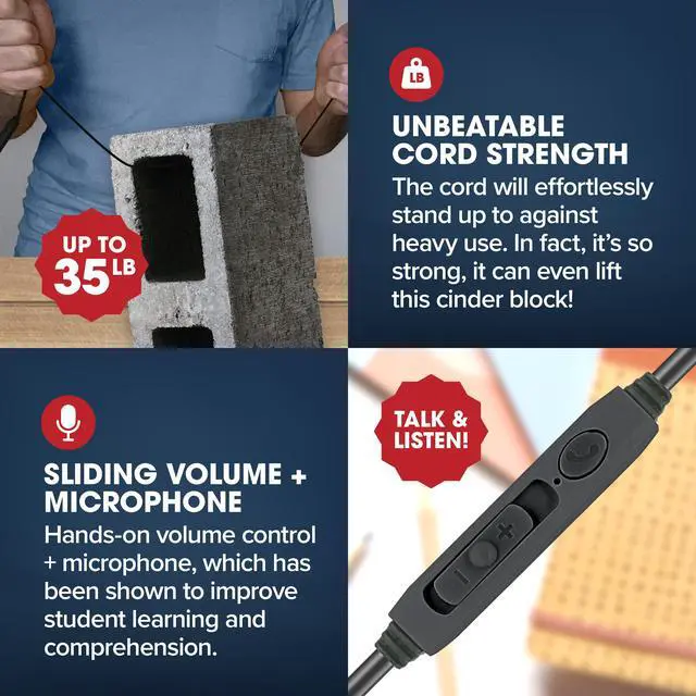 Alt view image 3 of 4 - Bulk Rugged School Headphones, Durable for Kids, Students, Teachers, Classrooms, 3.5mm or USB-C Jack Options, Optional Boom Mic for Online Learning (8 Count - 3.5mm with Inline Mic, 8, Count)