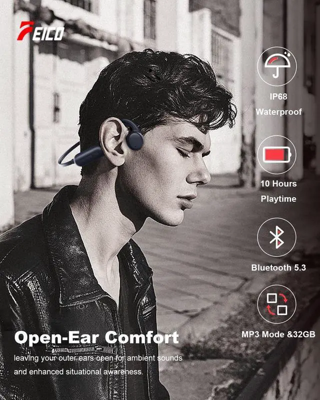 Alt view image 6 of 6 - Bone Conduction Headphones with Built-in MP3 32GB Sports Headset, IP68 Waterproof, Bluetooth 5.3 Open-Ear Earphones for Swimming, Running, Cycling & Driving, Mic Included