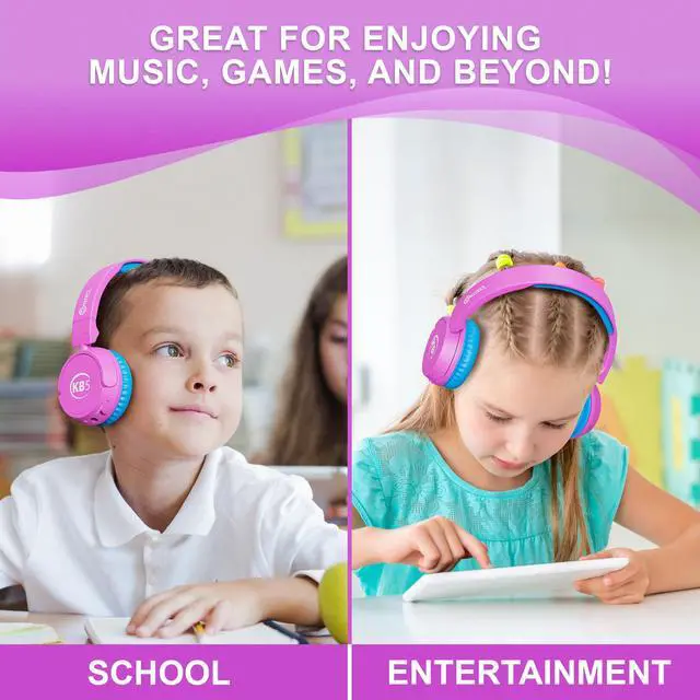 Alt view image 2 of 7 - KB-5 Kids Headphones - Over The Ear Foldable Bluetooth Wireless Headphone for Kids - 85dB with Volume Limited - Toddler Headphones for Boys and Girls (Pink + Blue)