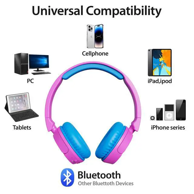 Alt view image 4 of 7 - KB-5 Kids Headphones - Over The Ear Foldable Bluetooth Wireless Headphone for Kids - 85dB with Volume Limited - Toddler Headphones for Boys and Girls (Pink + Blue)