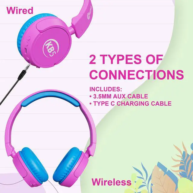 Alt view image 6 of 7 - KB-5 Kids Headphones - Over The Ear Foldable Bluetooth Wireless Headphone for Kids - 85dB with Volume Limited - Toddler Headphones for Boys and Girls (Pink + Blue)