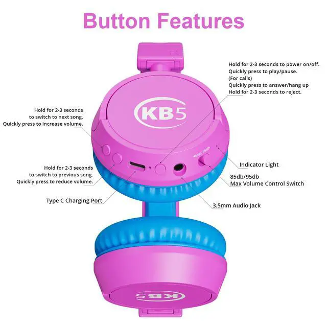 Alt view image 7 of 7 - KB-5 Kids Headphones - Over The Ear Foldable Bluetooth Wireless Headphone for Kids - 85dB with Volume Limited - Toddler Headphones for Boys and Girls (Pink + Blue)