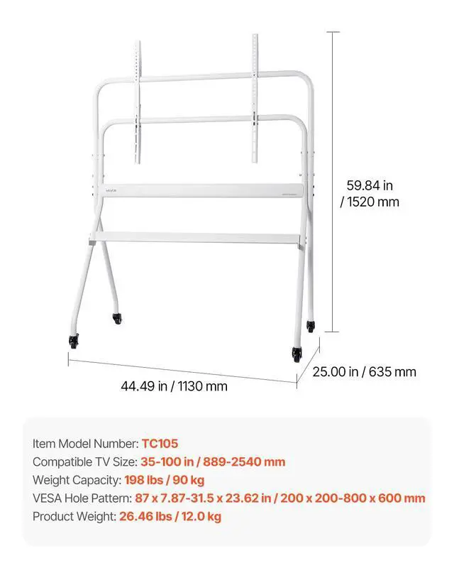 Alt view image 7 of 7 - Rolling TV Stand, Mobile TV Cart for 35-100 Inch LED/LCD/OLED Flat/Curved TVs, Portable Monitor Stand with Wheels Hold up to 198 lbs for Living Room, Bedroom, Office, Outdoor, Max VESA 800x600mm