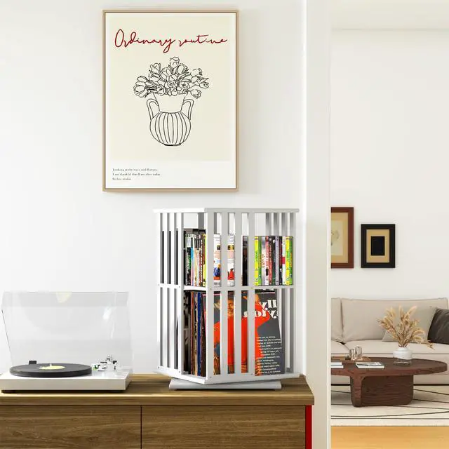 Alt view image 2 of 7 - 360° Rotating Bamboo CD/DVD Shelf - 6-Tier Space-Saving Media Storage Cabinet for Movies, Organizer with Super Compact Design (White, 2 Tier)