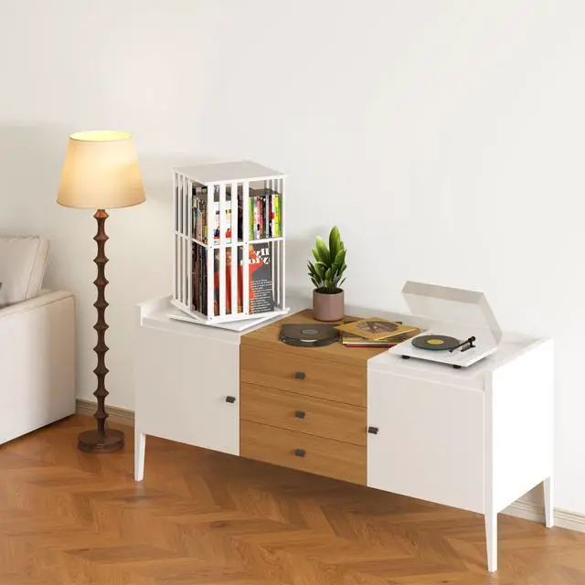 Alt view image 4 of 7 - 360° Rotating Bamboo CD/DVD Shelf - 6-Tier Space-Saving Media Storage Cabinet for Movies, Organizer with Super Compact Design (White, 2 Tier)