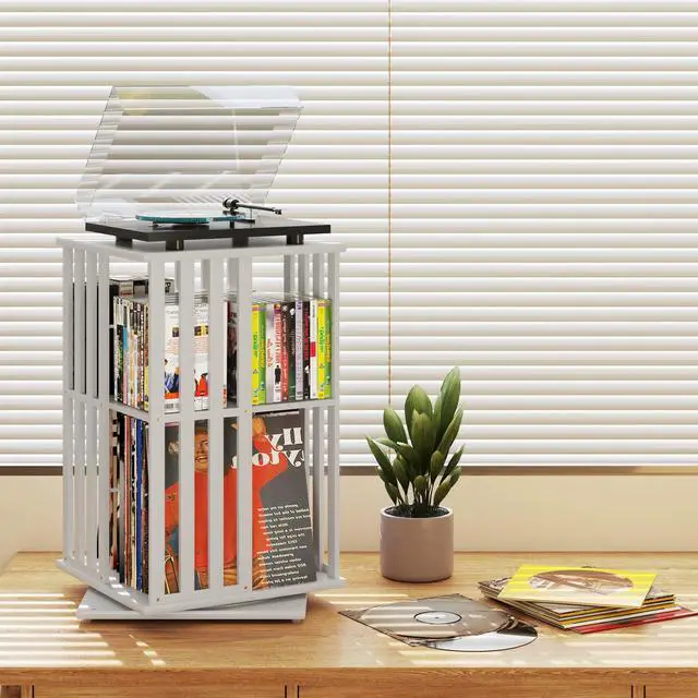 Alt view image 5 of 7 - 360° Rotating Bamboo CD/DVD Shelf - 6-Tier Space-Saving Media Storage Cabinet for Movies, Organizer with Super Compact Design (White, 2 Tier)