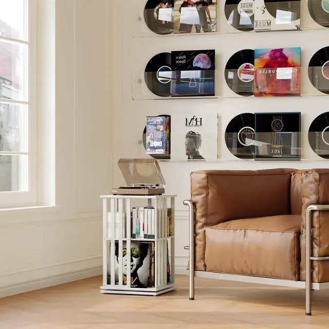 Alt view image 6 of 7 - 360° Rotating Bamboo CD/DVD Shelf - 6-Tier Space-Saving Media Storage Cabinet for Movies, Organizer with Super Compact Design (White, 2 Tier)