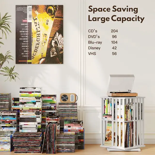 Alt view image 7 of 7 - 360° Rotating Bamboo CD/DVD Shelf - 6-Tier Space-Saving Media Storage Cabinet for Movies, Organizer with Super Compact Design (White, 2 Tier)
