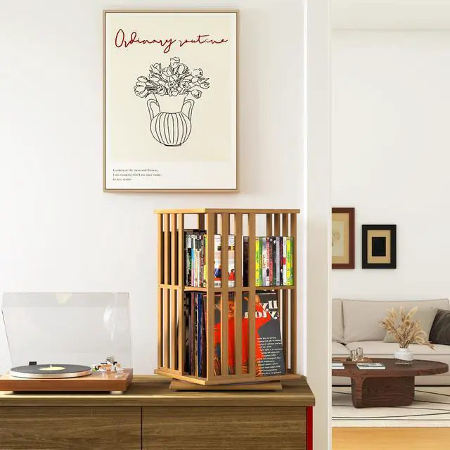 Alt view image 2 of 7 - 360° Rotating Bamboo CD/DVD Shelf - 6-Tier Space-Saving Media Storage Cabinet for Movies, Organizer with Super Compact Design (Nature, 2 Tier)