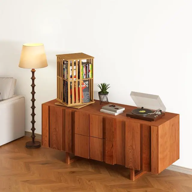 Alt view image 4 of 7 - 360° Rotating Bamboo CD/DVD Shelf - 6-Tier Space-Saving Media Storage Cabinet for Movies, Organizer with Super Compact Design (Nature, 2 Tier)