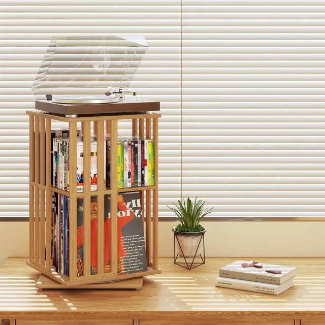 Alt view image 5 of 7 - 360° Rotating Bamboo CD/DVD Shelf - 6-Tier Space-Saving Media Storage Cabinet for Movies, Organizer with Super Compact Design (Nature, 2 Tier)