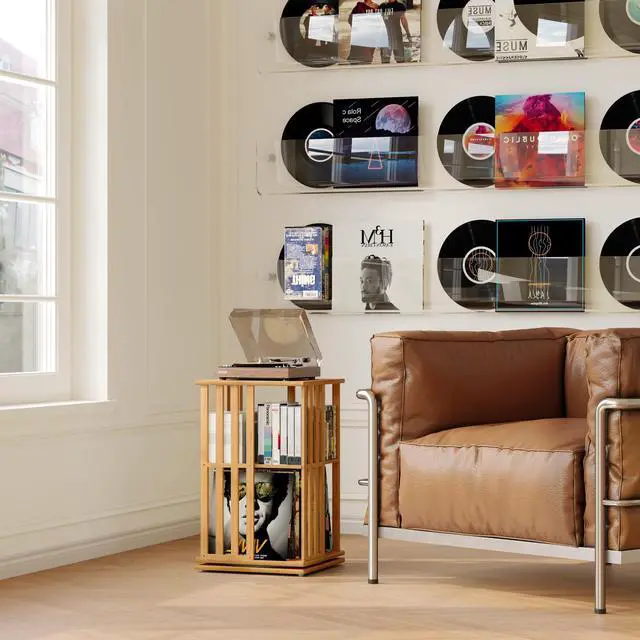 Alt view image 6 of 7 - 360° Rotating Bamboo CD/DVD Shelf - 6-Tier Space-Saving Media Storage Cabinet for Movies, Organizer with Super Compact Design (Nature, 2 Tier)