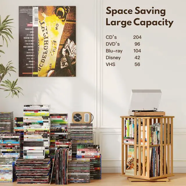 Alt view image 7 of 7 - 360° Rotating Bamboo CD/DVD Shelf - 6-Tier Space-Saving Media Storage Cabinet for Movies, Organizer with Super Compact Design (Nature, 2 Tier)