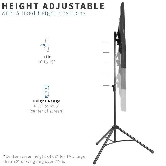 Alt view image 3 of 7 - Tripod 37 to 75 inch LCD LED Flat Screen TV Display Floor Stand, Portable Height Adjustable Mount, Black, STAND-TV75T