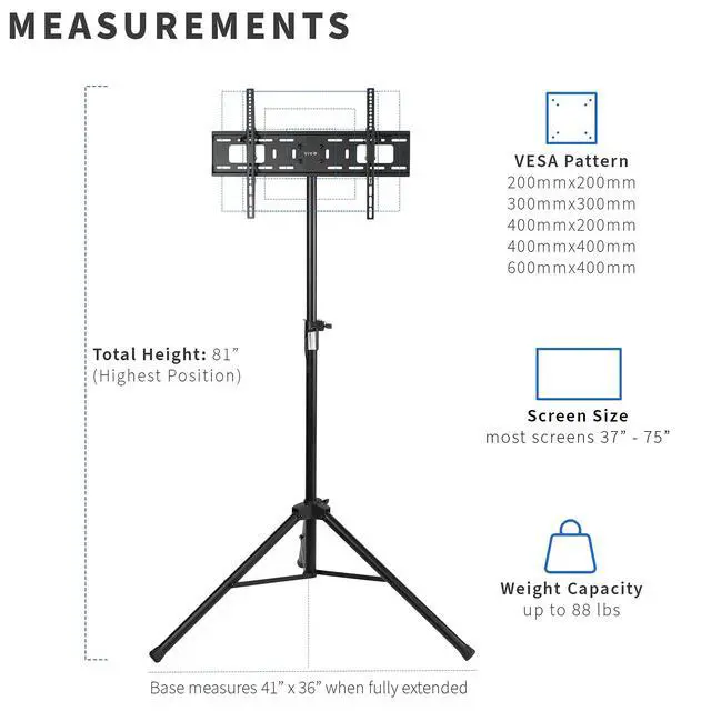 Alt view image 4 of 7 - Tripod 37 to 75 inch LCD LED Flat Screen TV Display Floor Stand, Portable Height Adjustable Mount, Black, STAND-TV75T