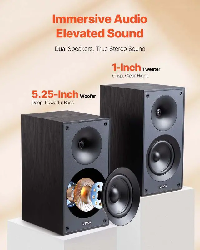 Alt view image 2 of 7 - Passive Bookshelf Speaker, 300W, Book Shelf Stereo Speakers with 5.25-Inch Woofer and 1-Inch Tweeter, Detachable Grille, 65Hz-20KHz Frequency Response, Wooden Enclosure,for Home Theater (1 Pair)