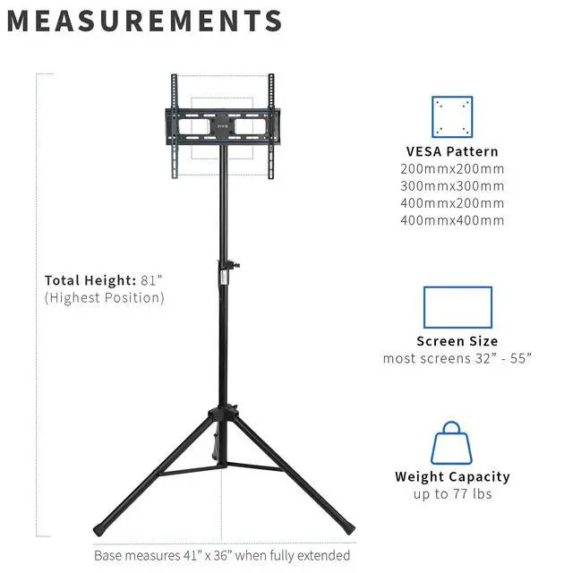 Alt view image 3 of 7 - Tripod 32 to 55 inch LCD LED Flat Screen TV Display Floor Stand, Portable Height Adjustable Mount, Black, STAND-TV55T