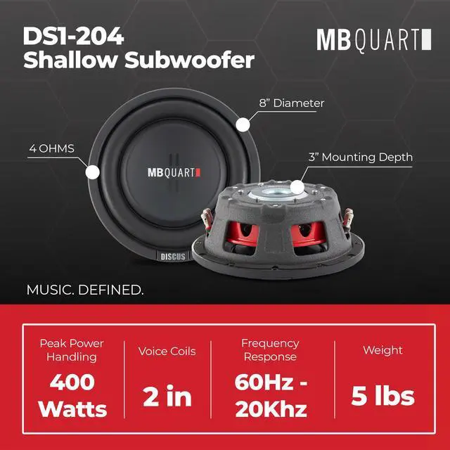 Alt view image 4 of 7 - 8 Inch 400 Watt MAX 200 Watt RMS 4 Ohm Dual Voice Coil, Shallow Slim Subwoofer for Car Audio Sound System, Single Speaker - DS1-204
