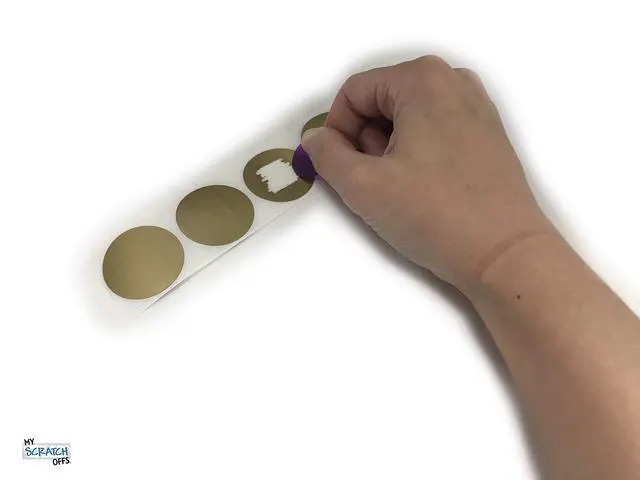 Alt view image 2 of 5 - 1.25 in Gold Round Scratch-Off Stickers, 100 Pack | Ideal for gender reveals, business campaigns, teacher rewards, wedding favors, baby cards, or invitations for events