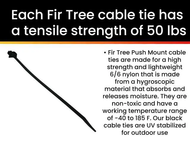 Alt view image 3 of 6 - Pro Tie Fir Tree Push Mount Nylon Cable Ties for Indoor and Outdoor Use |8-Inch, 50 lbs. Tensile Strength, UV Black Nylon, 25-Pack (PN: B8FTPM25)