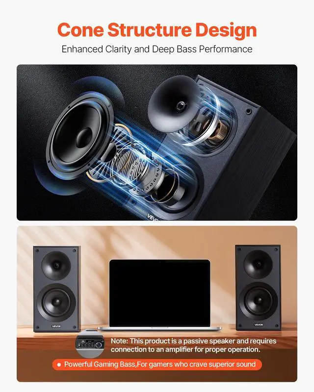 Alt view image 3 of 7 - Passive Bookshelf Speaker, 300W, Book Shelf Stereo Speakers with 5.25-Inch Woofer and 1-Inch Tweeter, Detachable Grille, 65Hz-20KHz Frequency Response, Wooden Enclosure,for Home Theater (1 Pair)