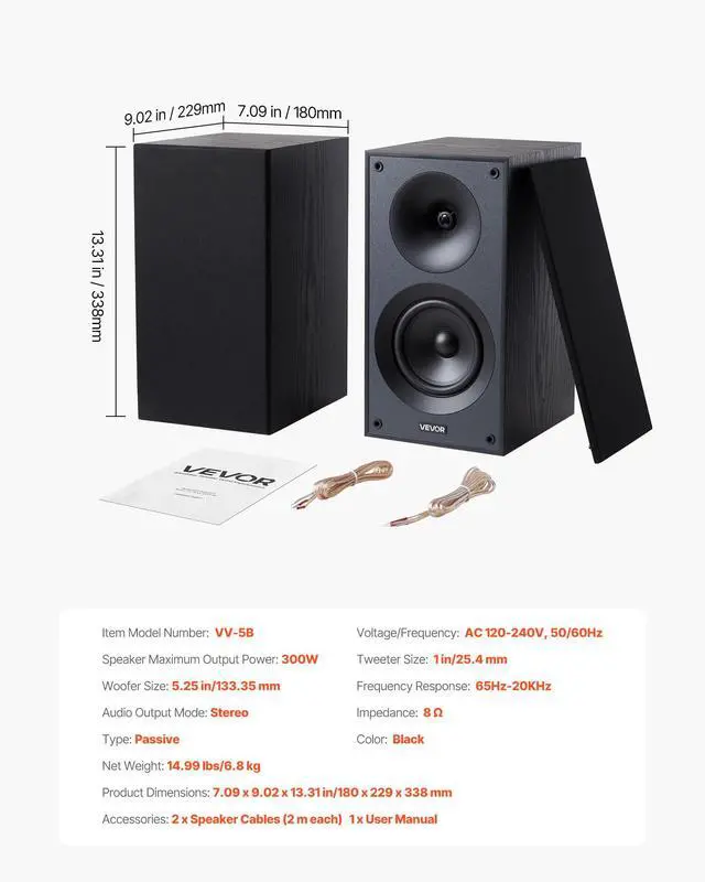 Alt view image 7 of 7 - Passive Bookshelf Speaker, 300W, Book Shelf Stereo Speakers with 5.25-Inch Woofer and 1-Inch Tweeter, Detachable Grille, 65Hz-20KHz Frequency Response, Wooden Enclosure,for Home Theater (1 Pair)