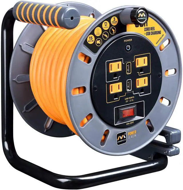 Main image of 50ft Cord Reel, Retractable Extension Lead with Winding Handle, Safety Overload Circuit Breaker and Power Switch, 4x Grounded Outlets, 2x USB Ports, 15amps, 12AWG Cable