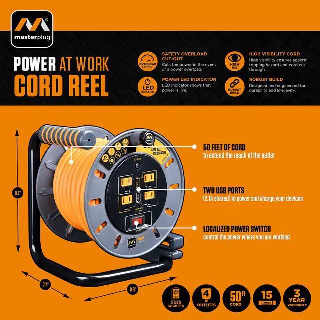 Alt view image 2 of 7 - 50ft Cord Reel, Retractable Extension Lead with Winding Handle, Safety Overload Circuit Breaker and Power Switch, 4x Grounded Outlets, 2x USB Ports, 15amps, 12AWG Cable