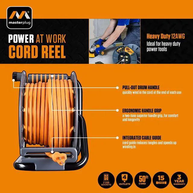 Alt view image 3 of 7 - 50ft Cord Reel, Retractable Extension Lead with Winding Handle, Safety Overload Circuit Breaker and Power Switch, 4x Grounded Outlets, 2x USB Ports, 15amps, 12AWG Cable