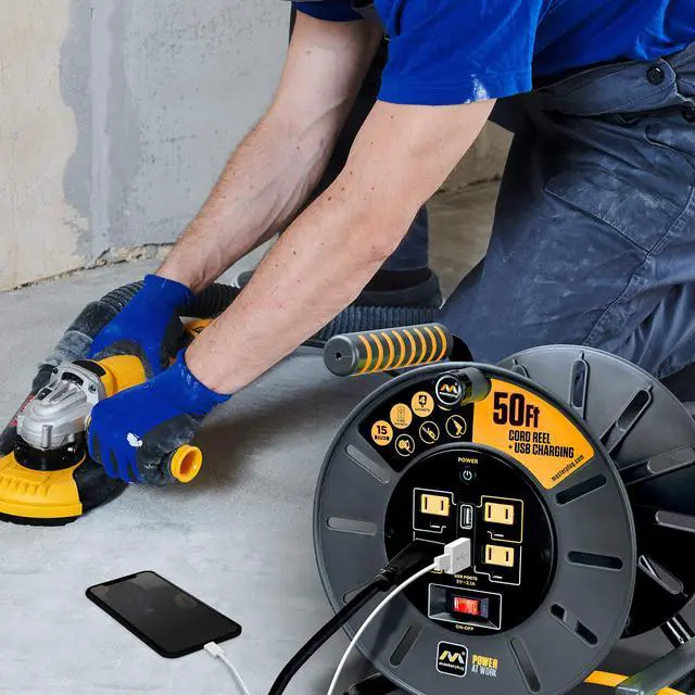 Alt view image 4 of 7 - 50ft Cord Reel, Retractable Extension Lead with Winding Handle, Safety Overload Circuit Breaker and Power Switch, 4x Grounded Outlets, 2x USB Ports, 15amps, 12AWG Cable