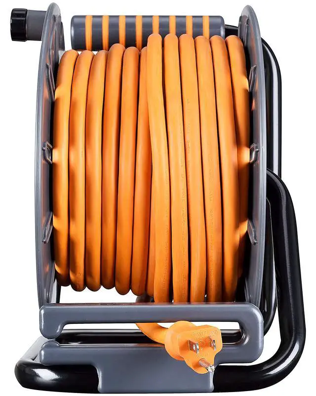 Alt view image 5 of 7 - 50ft Cord Reel, Retractable Extension Lead with Winding Handle, Safety Overload Circuit Breaker and Power Switch, 4x Grounded Outlets, 2x USB Ports, 15amps, 12AWG Cable