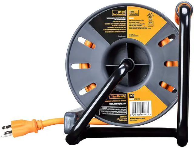 Alt view image 6 of 7 - 50ft Cord Reel, Retractable Extension Lead with Winding Handle, Safety Overload Circuit Breaker and Power Switch, 4x Grounded Outlets, 2x USB Ports, 15amps, 12AWG Cable