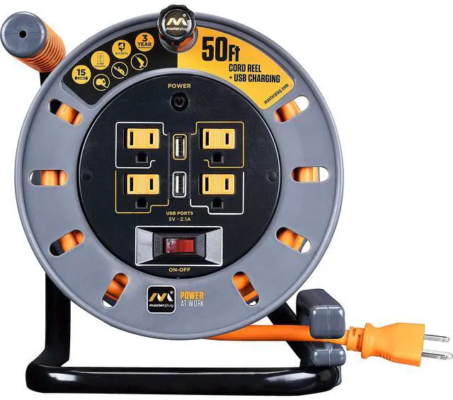 Alt view image 7 of 7 - 50ft Cord Reel, Retractable Extension Lead with Winding Handle, Safety Overload Circuit Breaker and Power Switch, 4x Grounded Outlets, 2x USB Ports, 15amps, 12AWG Cable