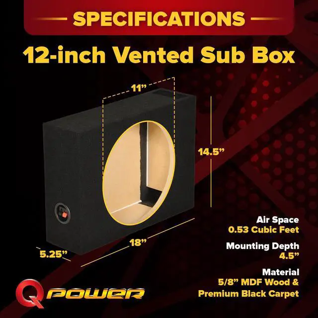Alt view image 3 of 7 - QPower Single 12-Inch Vented Shallow Subwoofer Box Audio Box Enclosure with Black Carpet Exterior Solid 5/8-Inch MDF Construction