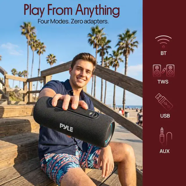 Alt view image 2 of 7 - Portable Bluetooth Speaker - IPX5 Waterproof, Multi-Color LED, TWS Stereo Pairing, USB/AUX/FM, 20W Peak Power, 5H Battery, Built-In Mic, Shockproof ABS Design - Outdoor, Travel, Home